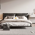 Black Headboard Double Bed With Gray White Bedding Nightstand Striped Rug Dresser Pendant Lights