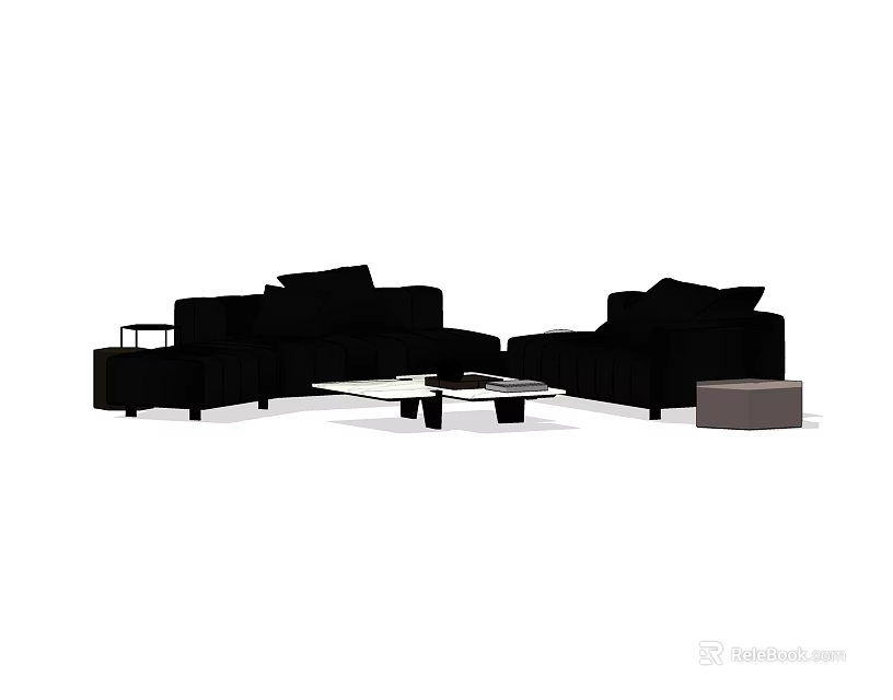 Modern Black Sectional Sofa and Coffee Table Set With Square Coffee Table and Side Stool 3d model