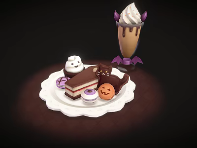 Halloween Themed Dessert Plate With Ghost Decoration Pumpkin Cookie Chocolate Cake And Milkshake 3d model
