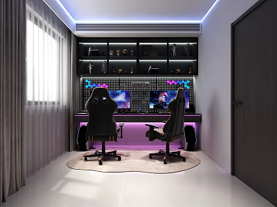 Gaming Entertainment Room With Dual Monitors Ergonomic Chairs LED Lighting And Decorative Shelves 3d model