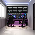 Gaming Entertainment Room With Dual Monitors Ergonomic Chairs LED Lighting And Decorative Shelves