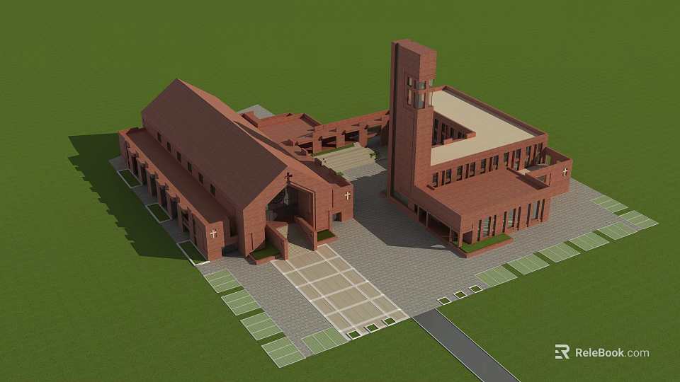 Modern Red Brick Religious Architectural Building With Tower And Courtyard 3d model 