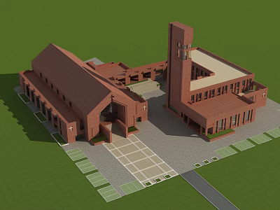 Modern Red Brick Religious Architectural Building With Tower And Courtyard 3d model