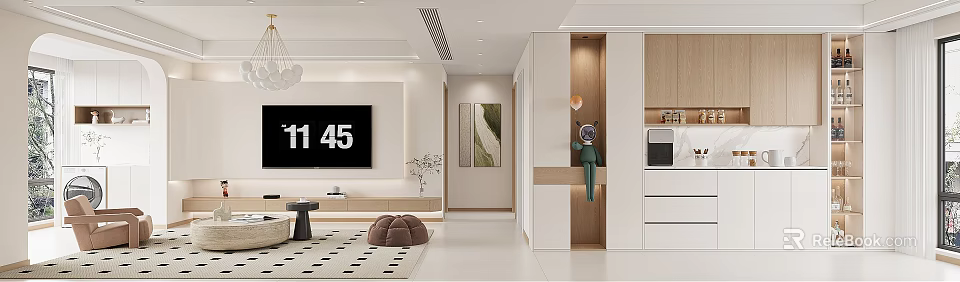 Modern Living And Dining Room Interior With TV Wall Art Plant Rug And Plush Seats 3d model