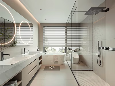 Modern Bathroom Interior With Double Sinks Round Mirrors Bathtub Glass Shower And Marble Countertops 3d model