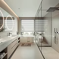 Modern Bathroom Interior With Double Sinks Round Mirrors Bathtub Glass Shower And Marble Countertops