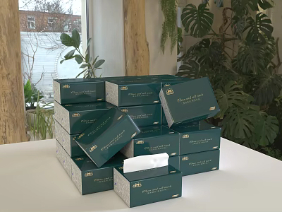 Stacked Green Decorative Tissue Boxes With Natural Plants In Home Setting 3d model
