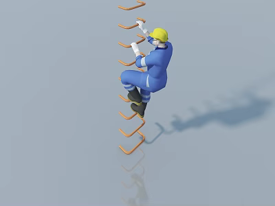 Sculptor in Blue Workwear and Yellow Hard Hat Climbing Orange Ladder for Sculpture Carving 3d model