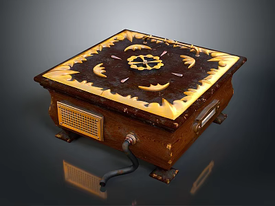 Vintage Wooden Computer Device With Decorative Top Mechanical Elements And Metal Feet 3d model