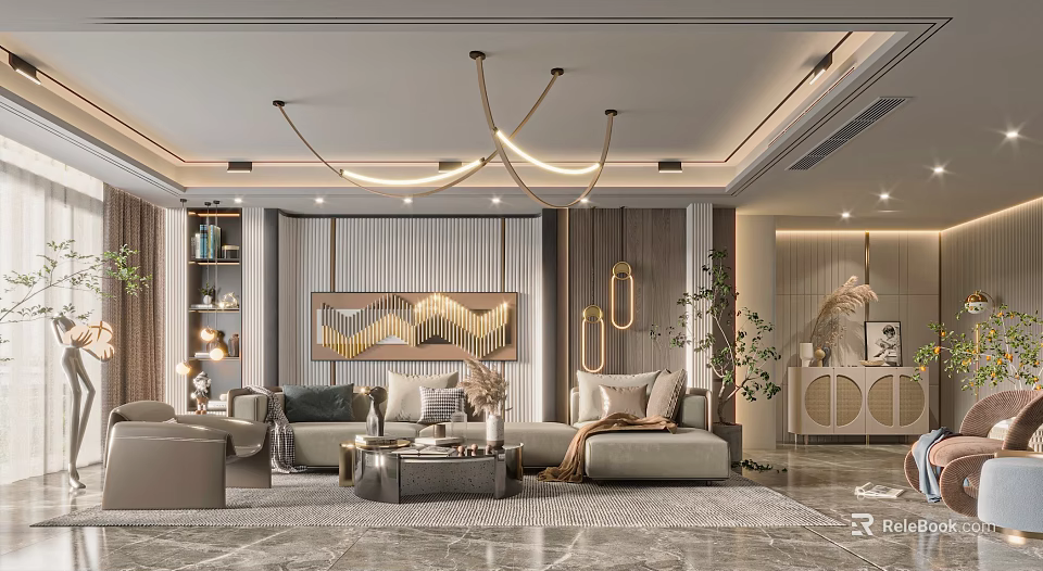 Modern Luxury Living Room Interior With Chandelier Sofa Decorative Art Rug And Green Plant 3d model 