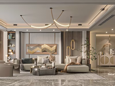 Modern Luxury Living Room Interior With Chandelier Sofa Decorative Art Rug And Green Plant 3d model