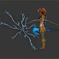 Woman In Leather Outfit With Fur Hat And Blue Lightning Effect Holding Bow