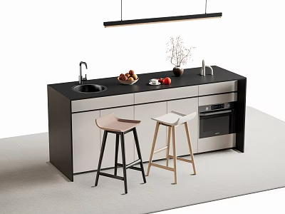 Modern Black And White Bar Counter With Sink Stools Fruit Vase And Oven 3d model