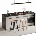 Modern Black And White Bar Counter With Sink Stools Fruit Vase And Oven