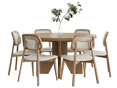 Quiet Style Dining Table and Chair Round Dining Table Solid Wood Dining Table Solid Wood Round Table Dining Chair Woven Dining Chair 3d model