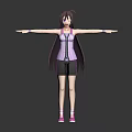 3D Female Character With Long Dark Hair Arms Outstretched In Pink Corset And Black Shorts