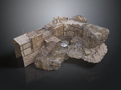 Ancient Stone Structure Featuring Wooden Steps Stone Walls Rocks And Broken Roof 3d model