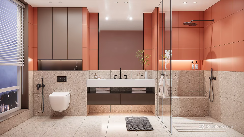Stylish Bathroom Interior Featuring Orange Gray Cabinetry Large Mirror Double Sink Stone Countertop Shower Area 3d model 