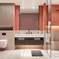 Stylish Bathroom Interior Featuring Orange Gray Cabinetry Large Mirror Double Sink Stone Countertop Shower Area