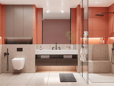 Stylish Bathroom Interior Featuring Orange Gray Cabinetry Large Mirror Double Sink Stone Countertop Shower Area 3d model