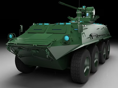 Green Military Armored Personnel Carrier With Six Wheels Turret And Antenna 3d model