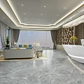 Modern Service Hall Interior With Reception Desk Sofa Seats Bookshelves And Large Windows