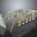 Scenery Featuring Ruined Stone Wall with Arched Windows and Weathered Surface Reflection 3d model