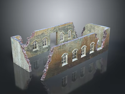Scenery Featuring Ruined Stone Wall with Arched Windows and Weathered Surface Reflection 3d model