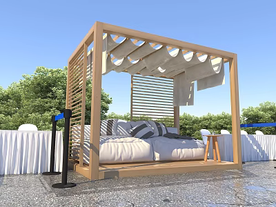 Stylish Outdoor Sofa With Cushions Under Wooden Pergola In Garden Patio With Green Plants 3d model