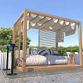 Stylish Outdoor Sofa With Cushions Under Wooden Pergola In Garden Patio With Green Plants