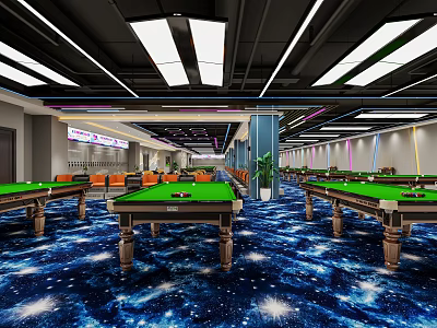 Modern Billiard Room Interior With Green Tables And Starry Carpet 3d model