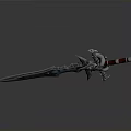 Ornate Fantasy Sword with Blue Glowing Blade Red Decorative Hilt Metallic Accents and Intricate Details