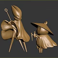 Golden Sculptures of Cloaked Figures Holding Scepter and Umbrella Hat
