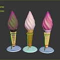 Three Colored Ice Cream Cones Green Beige Pink White Swirl On White Bases Dark Background