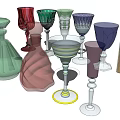 Colorful Wine Bottles and Glasses with Various Designs and Shapes on