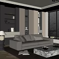 Modern Living Room With Gray Sofa Throw Pillows Coffee Table Window Blinds And Decorative Shelves