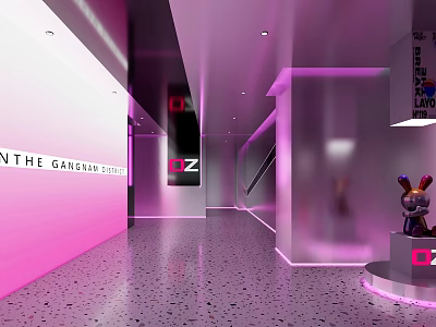 Modern Hotel Lobby With Pink Walls Neon Lighting Transparent Columns Art Installations Smooth Flooring 3d model