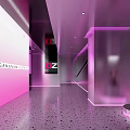 Modern Hotel Lobby With Pink Walls Neon Lighting Transparent Columns Art Installations Smooth Flooring