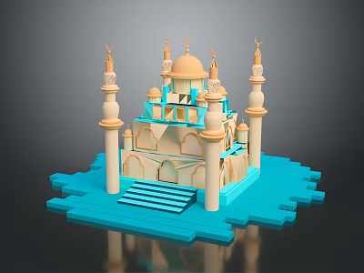 3D Mosque Style Building Model with Dome Minarets Blue Base and Low Poly Design 3d model