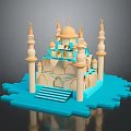 3D Mosque Style Building Model with Dome Minarets Blue Base and Low Poly Design 3d model