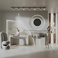 Modern Minimalist Public Office Space with White Palette Circular Mirror Display Table and Lighting