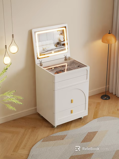 White Dressing Table With Open Mirror Drawers Mirror Lights And Floor Lamp On Wooden Floor 3d model 