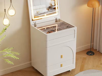 White Dressing Table With Open Mirror Drawers Mirror Lights And Floor Lamp On Wooden Floor 3d model