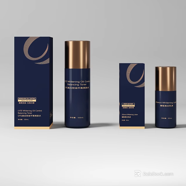 Luxurious High end Perfume Cosmetics With Dark Blue Gold Packaging Boxes And Bottles Design 3d model 