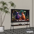 Television Displaying Cartoon Characters and Forest Background with TV Stand and Green Plant