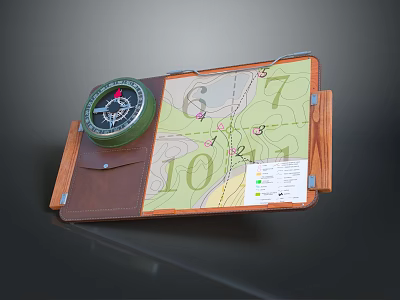 Green Compass and Topographic Map in Leather Wooden Case with Marked Points 3d model
