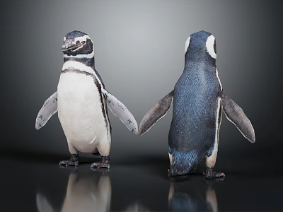 Two Penguins Standing in Front and Back Views on Dark Reflective Surface 3d model