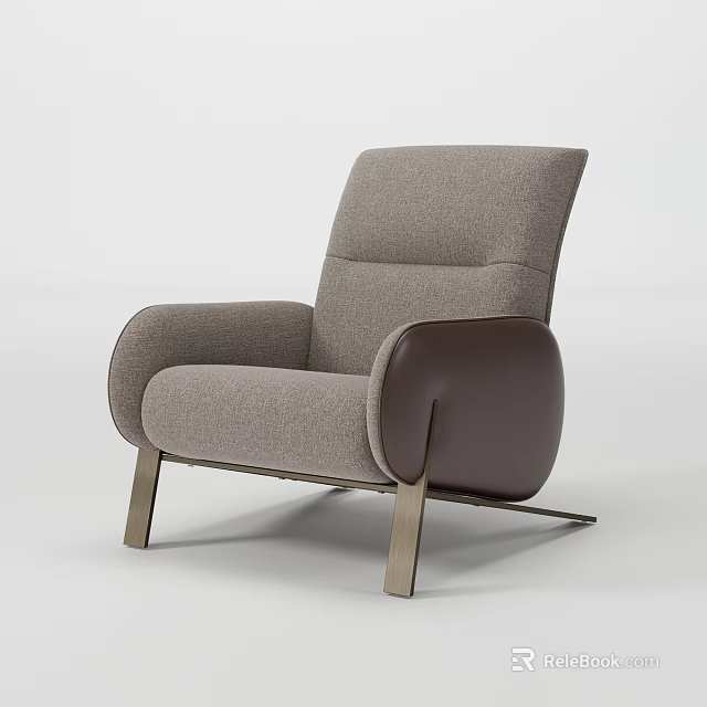Modern Leisure Chair With Gray Fabric Dark Brown Armrests And Metal Legs 3d model 