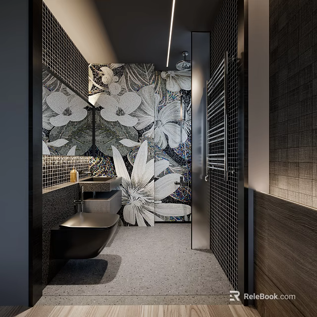 Modern Stylish Dark Toned Bathroom Featuring Beautiful Floral Mosaic Wall And High End Fixtures 3d model 