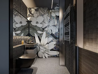 Modern Stylish Dark Toned Bathroom Featuring Beautiful Floral Mosaic Wall And High End Fixtures 3d model